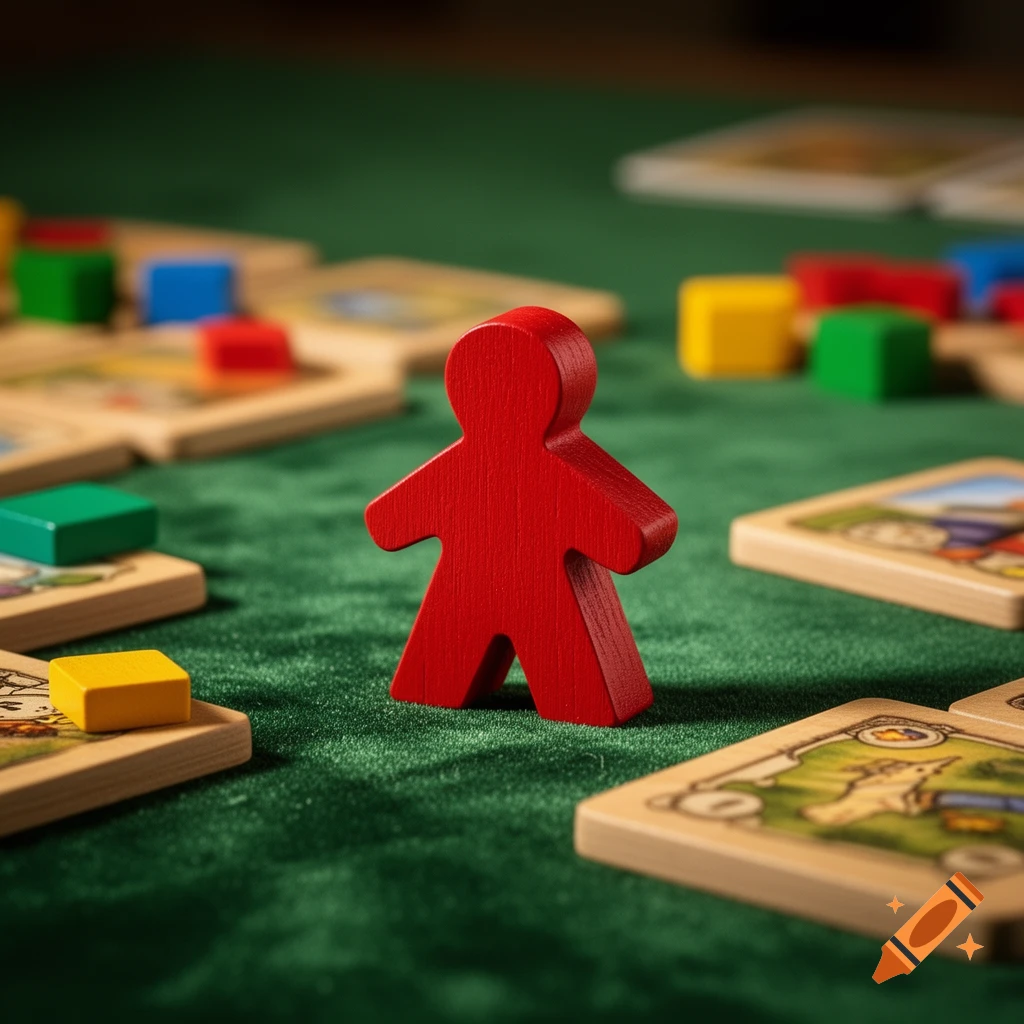 A red wooden meeple stands prominently on a green felt surface, surrounded by blurred wooden board game tiles and colorful blocks.