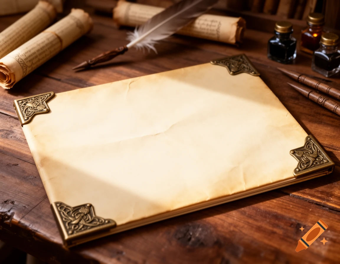 A blank, antique-style page with ornate metal corners rests on a wooden desk, surrounded by rolled scrolls, a feather quill, and inkwells.