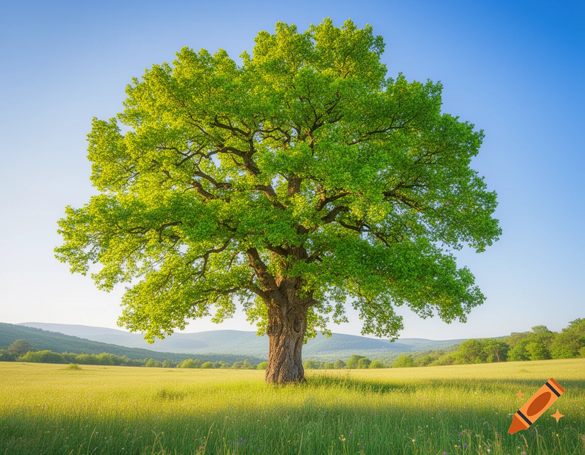 A vibrant green tree stands in a sunlit golden field with rolling hills under a clear blue sky.