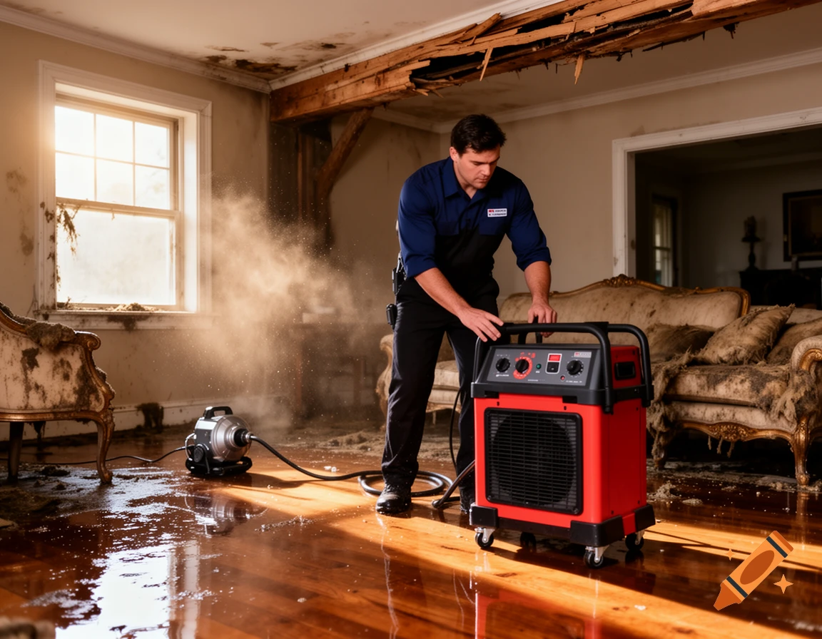 Photorealistic image of a water damage restoration technician in uniform using industrial drying equipment in a flooded, damaged home.