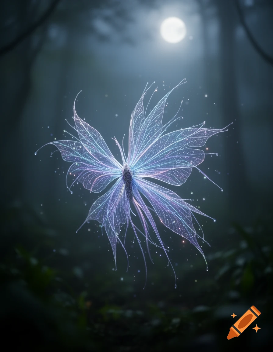 A luminous, ethereal butterfly with glowing, intricate wings floats in a dark, moonlit forest, surrounded by sparkling particles.