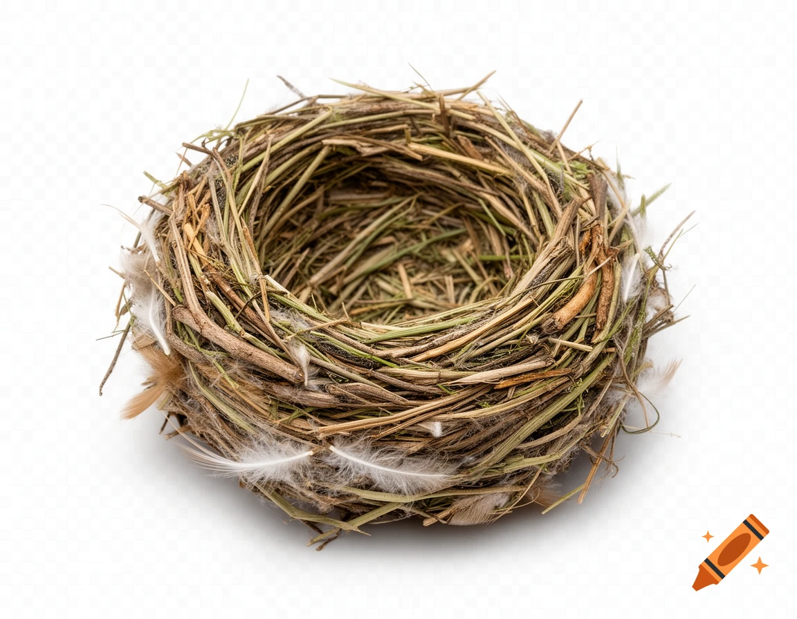 A detailed, photorealistic bird's nest made of twigs, grass, and white feathers, on a transparent background.