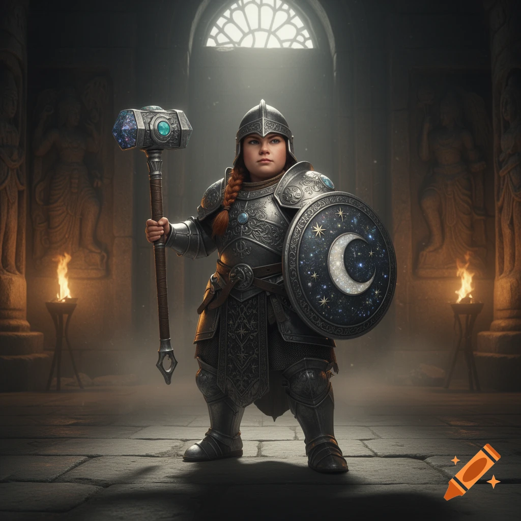 A female dwarf warrior in intricate full plate armor stands in a stone hall, holding a cosmic war hammer and a shield with moon and stars.