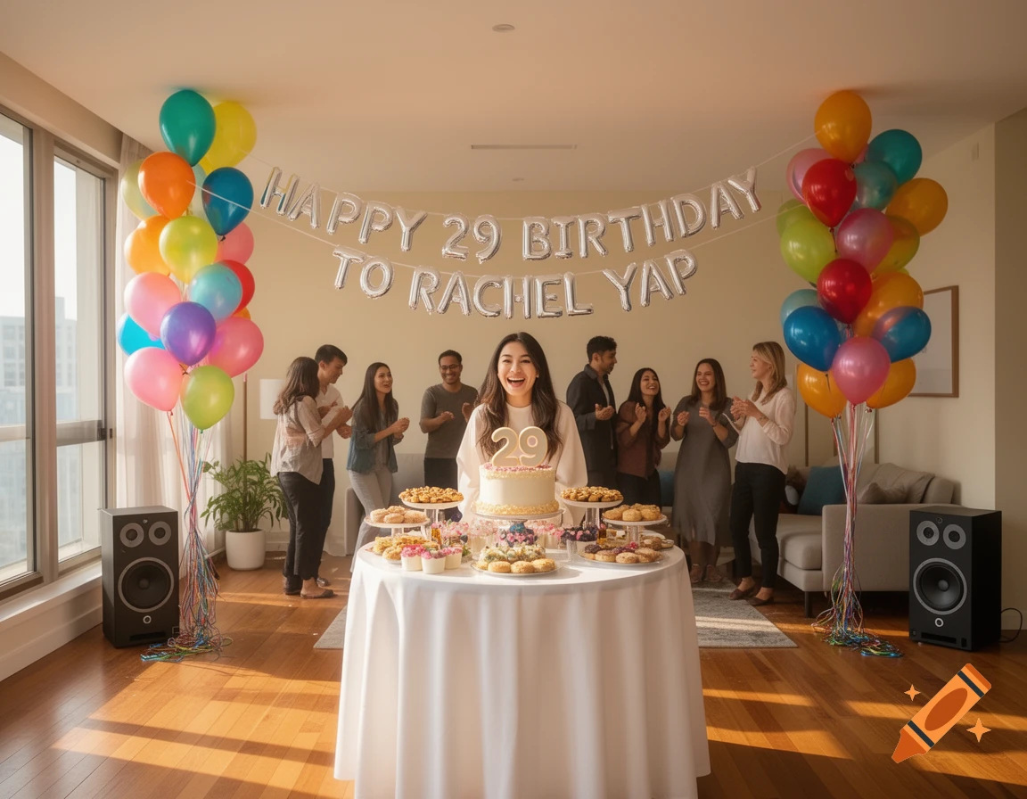 A woman smiles broadly behind a birthday cake with the number 29, surrounded by friends, balloons, and a banner that reads "HAPPY 29 BIRTHDAY TO RACHEL YAP" in a sunlit room.