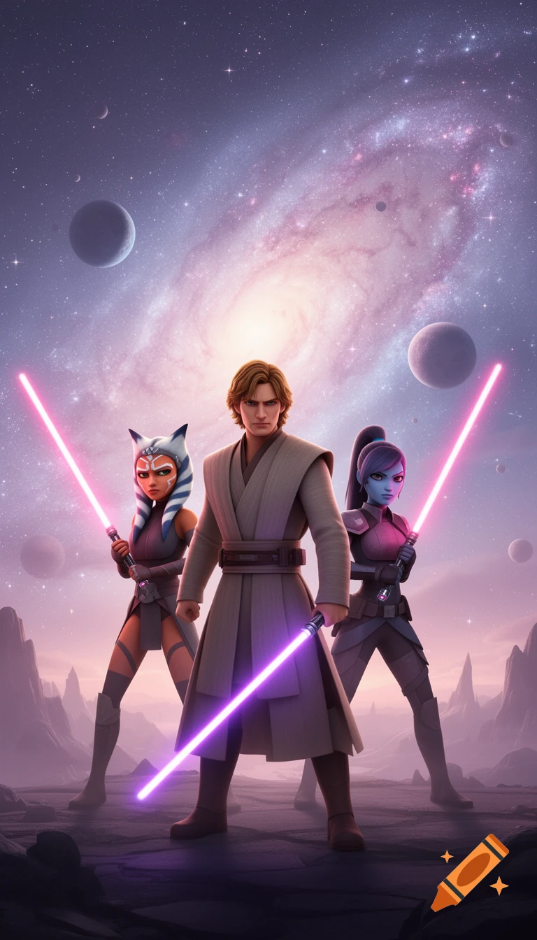 Animated Anakin Skywalker, Ahsoka Tano, and a purple-skinned female character holding pink and purple lightsabers on a planet under a galaxy of stars.