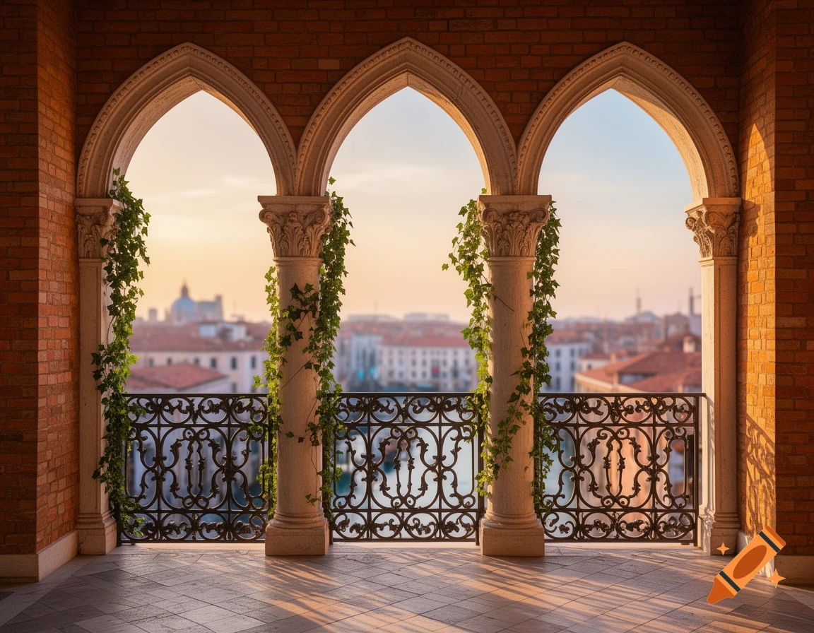 A photorealistic view from a Venetian balcony with three arched openings, columns adorned with ivy, overlooking a cityscape at sunset.