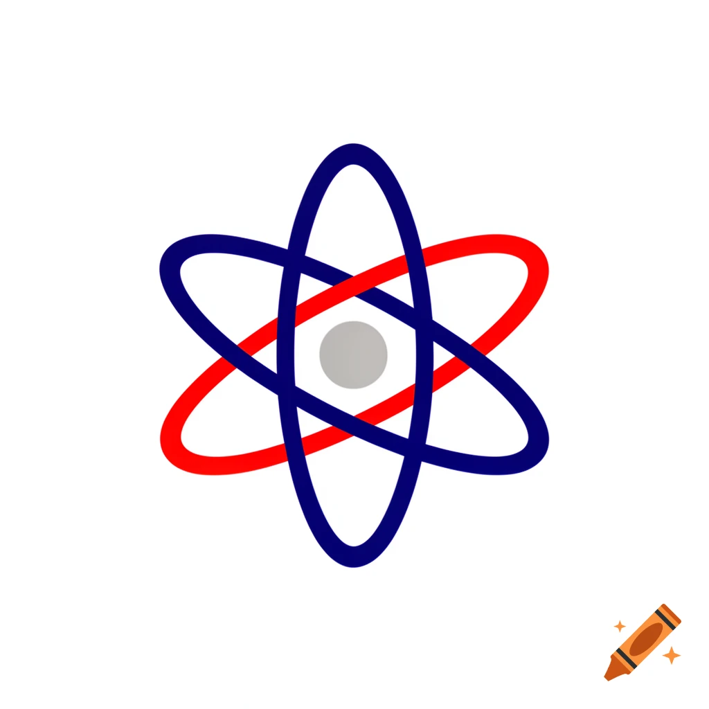 A minimalist atomic symbol with a grey nucleus and three elliptical orbits, two blue and one red, on a white background.