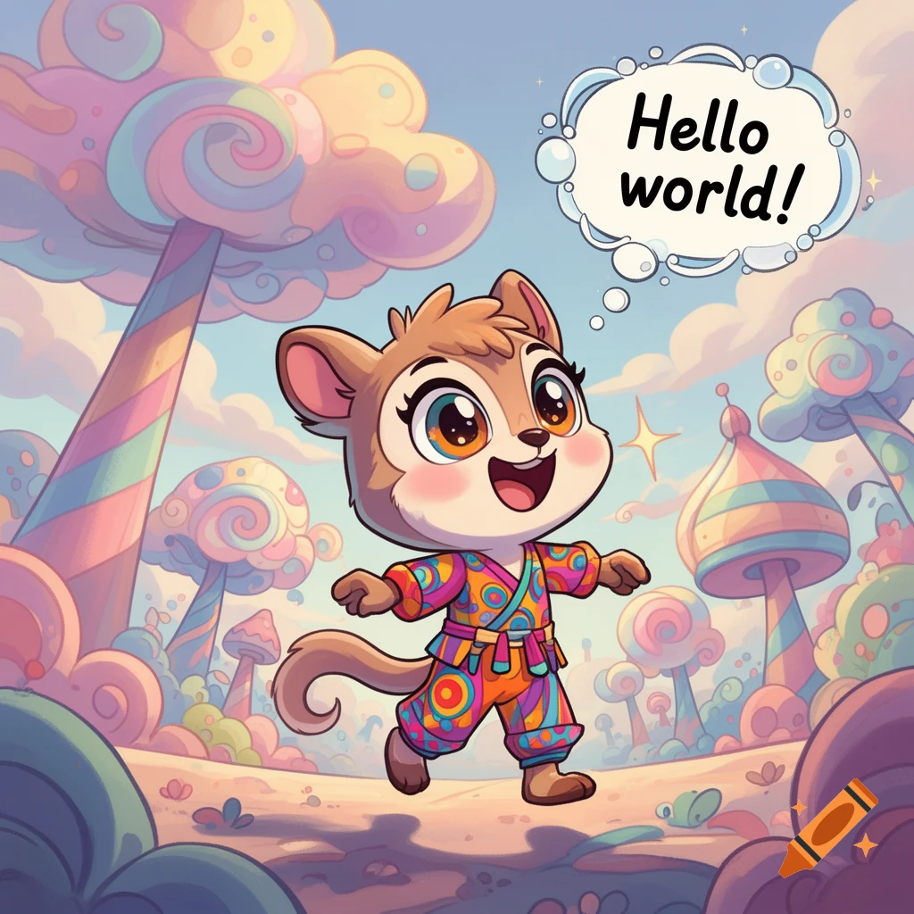 A cute, cartoony chipmunk-like creature in a colorful outfit walks through a whimsical candy land with a speech bubble saying 'Hello world!'.