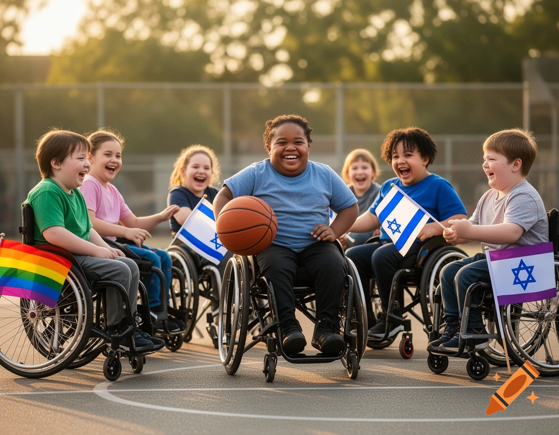 Diverse children in wheelchairs on an outdoor court, laughing. One holds a basketball, others hold Pride and Israeli flags.