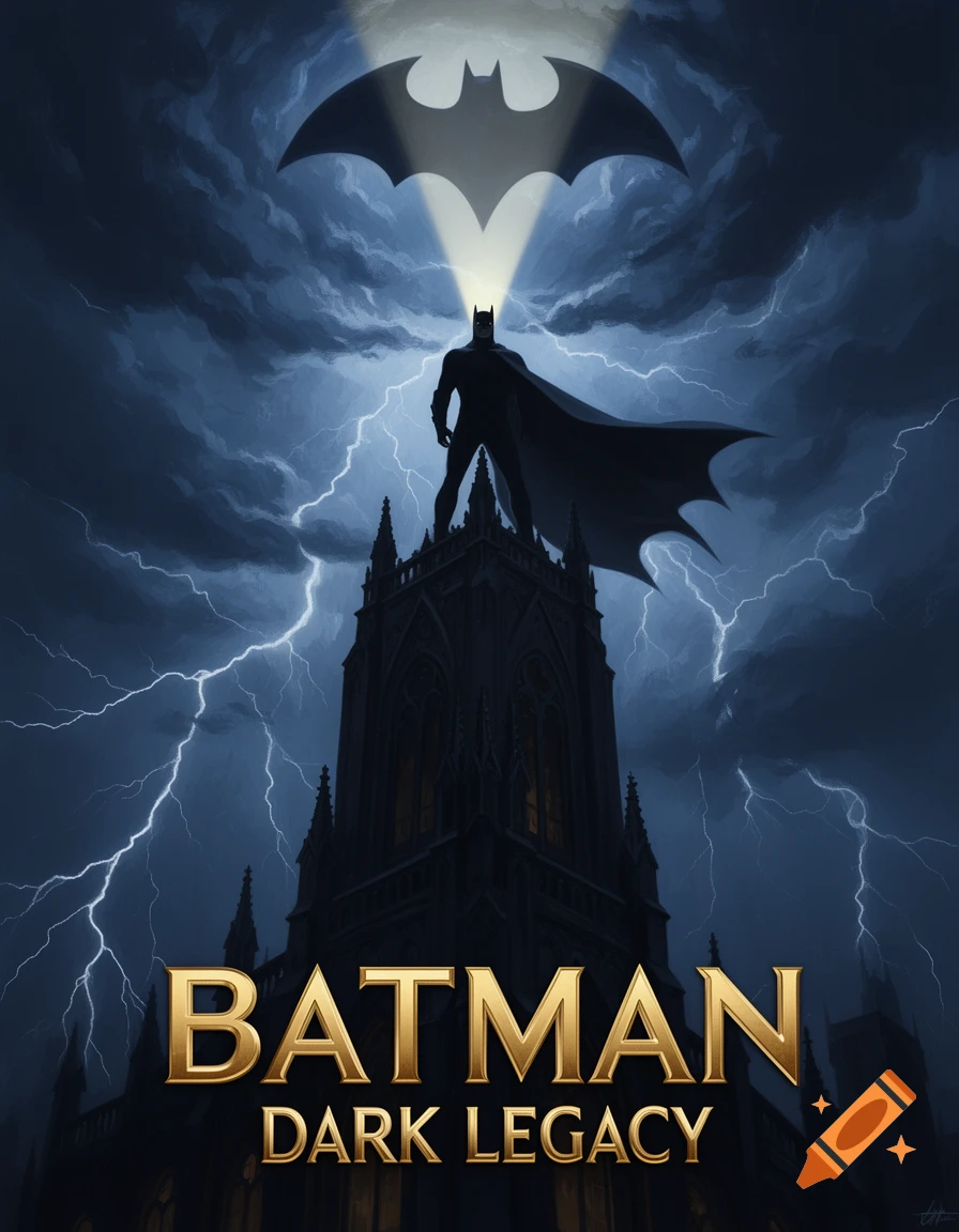 Batman stands on a gothic church tower under a stormy, lightning-filled sky as the Bat-Symbol is projected above. A movie poster with 'Batman Dark Legacy' text.