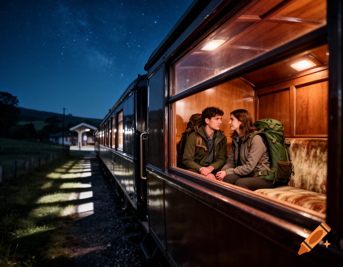A couple with backpacks looks at each other in a glowing train carriage at night, under a starry sky near a station. Photorealistic.
