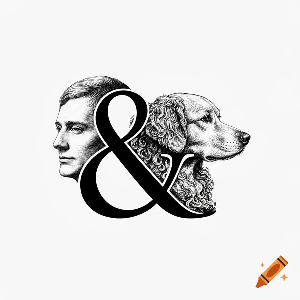 Black and white drawing of an ampersand symbol formed by a man's head and a dog's head.