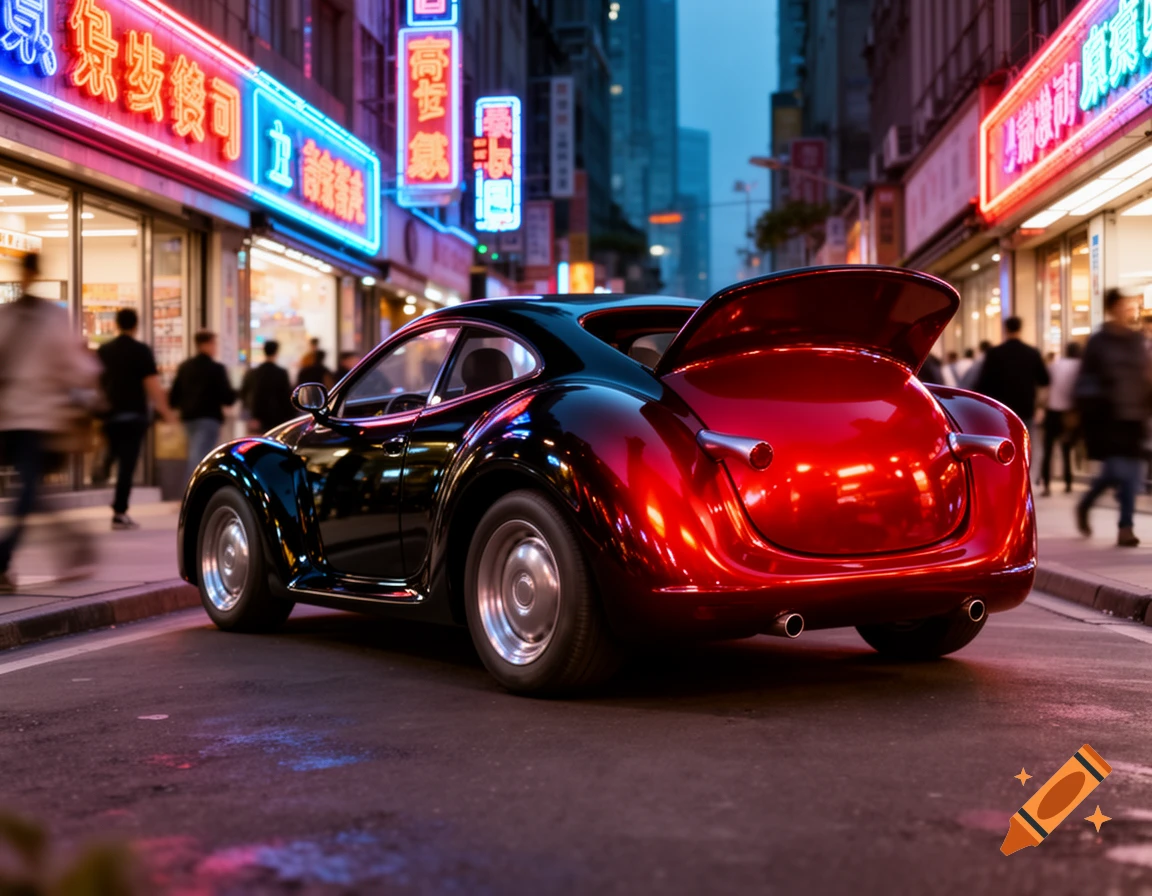 A glossy black and red custom car parked on a vibrant city street at night, with blurred pedestrians and neon signs.