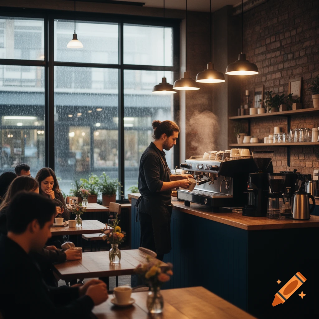 A barista makes coffee at an espresso machine in a cozy cafe with customers sitting at tables and a rainy view outside large windows.