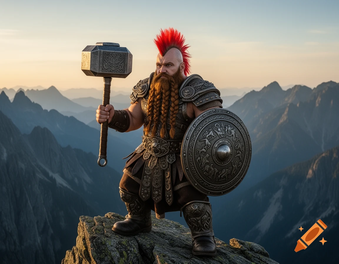 A muscular dwarf warrior with a red mohawk and braided beard holds a warhammer and shield on a mountain peak.