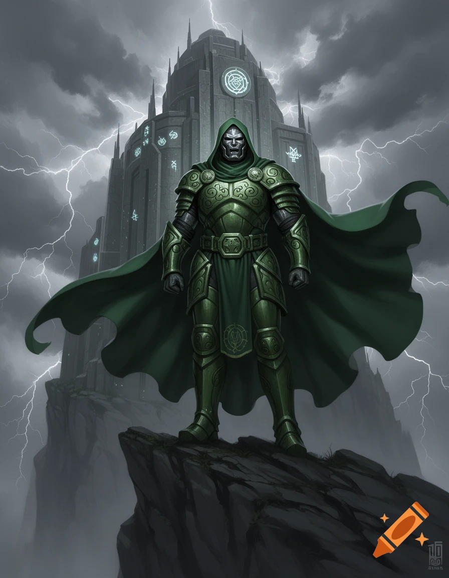 Doctor Doom in green armor and cape stands on a cliff before a dark castle, under a stormy sky with lightning.