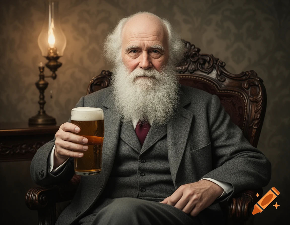 Photorealistic portrait of an old man with a long white beard, resembling Charles Darwin, sitting in an ornate chair, holding a beer.