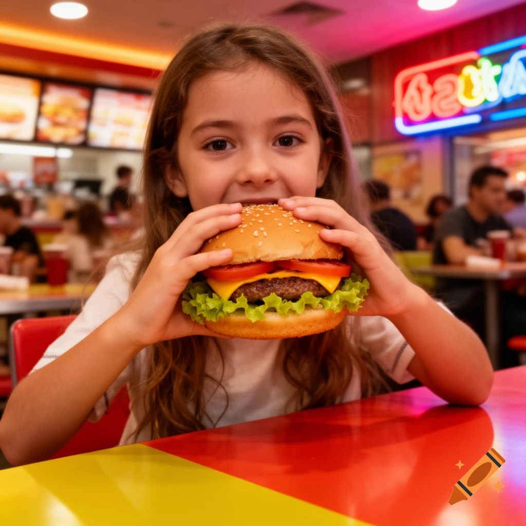 A young girl with long brown hair smiles, holding a large cheeseburger with lettuce, tomato, and a beef patty, ready to eat at a fast food restaurant.