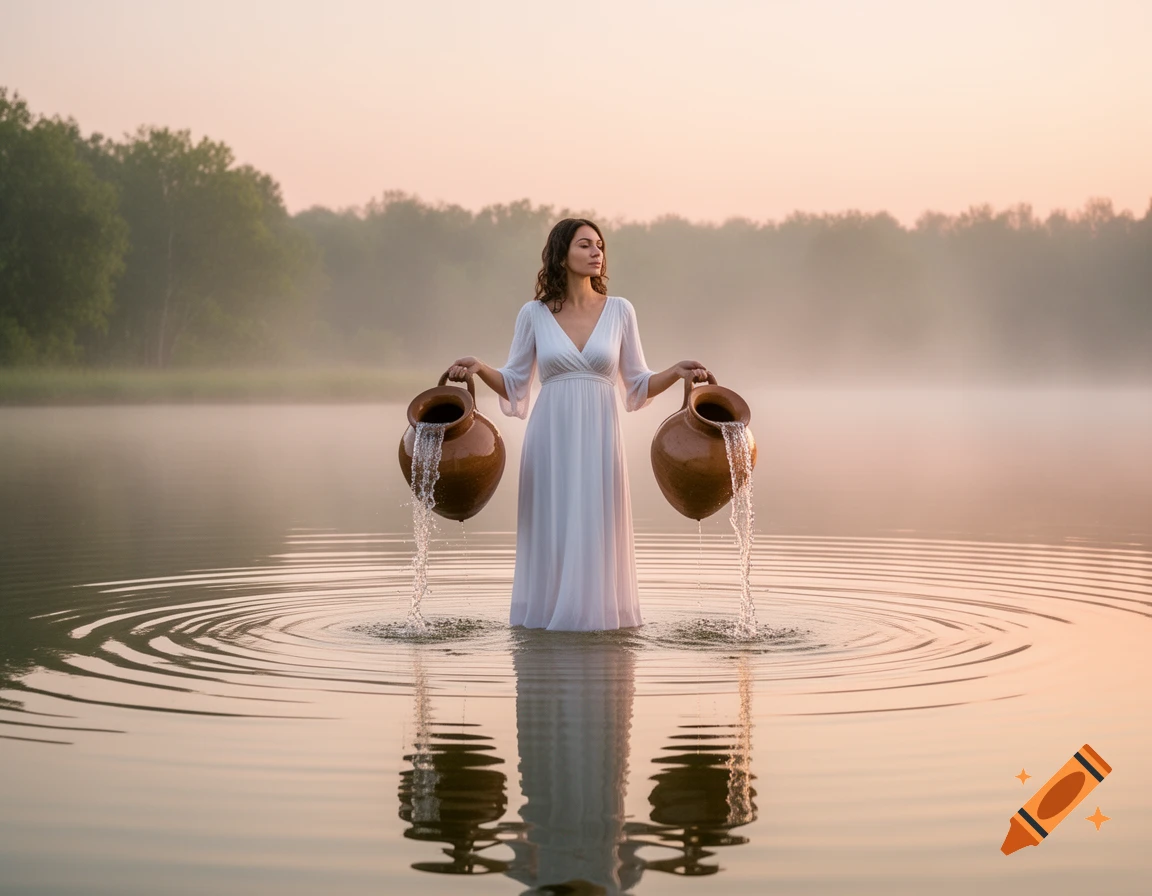 Woman in a white dress pouring water from two jugs while standing in a misty lake at sunrise.