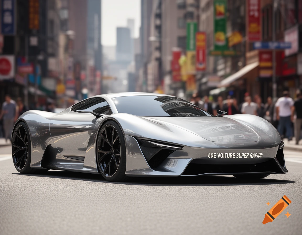 A sleek, silver futuristic sports car parked on a city street during the day, with text on its bumper.
