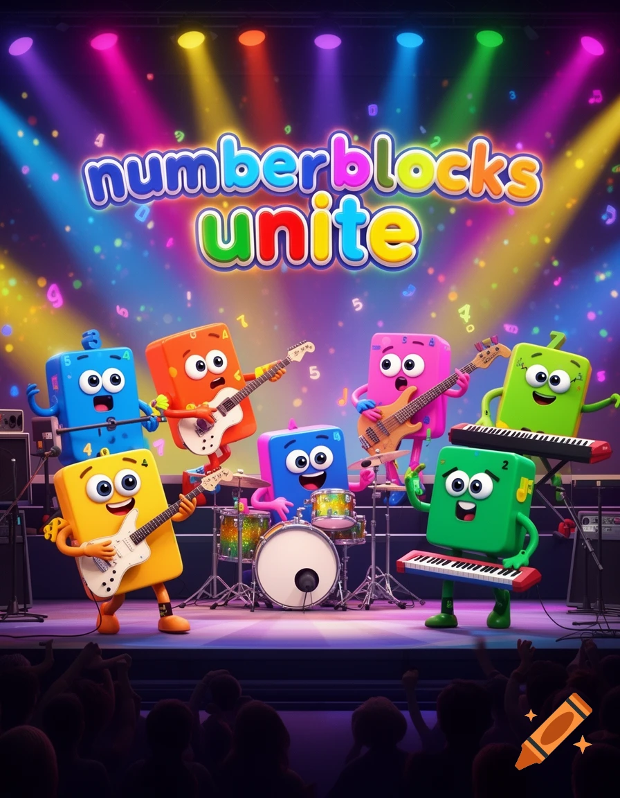 Cartoon block characters in a band, playing instruments on a brightly lit stage under the text 'numberblocks unite'.