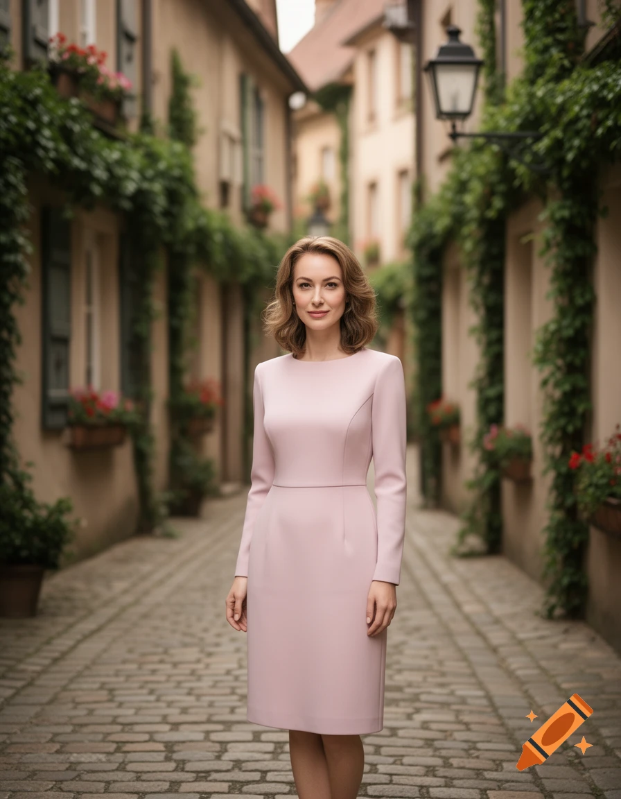 A smiling woman in a long-sleeved light pink dress stands on a cobblestone street in a European alleyway, flanked by ivy-covered buildings.
