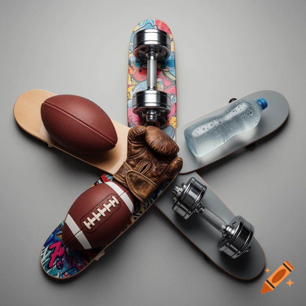 Photorealistic overhead view of sports equipment including footballs, dumbbells, a boxing glove, water bottle, and skateboards arranged in a star shape on a grey surface.