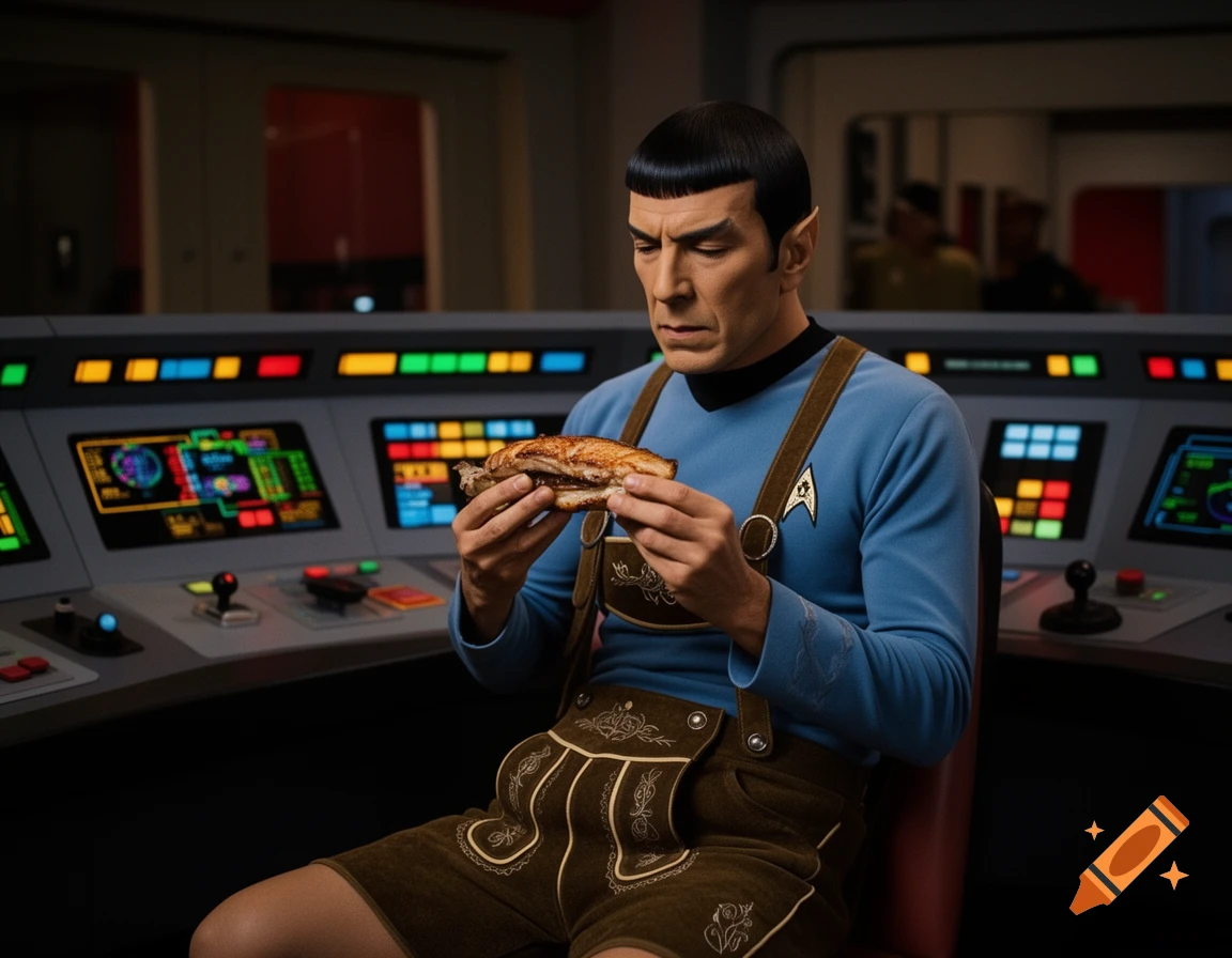 Mr. Spock in a blue Starfleet uniform shirt and brown Lederhosen sits on the Enterprise bridge, thoughtfully examining a grilled fish sandwich.