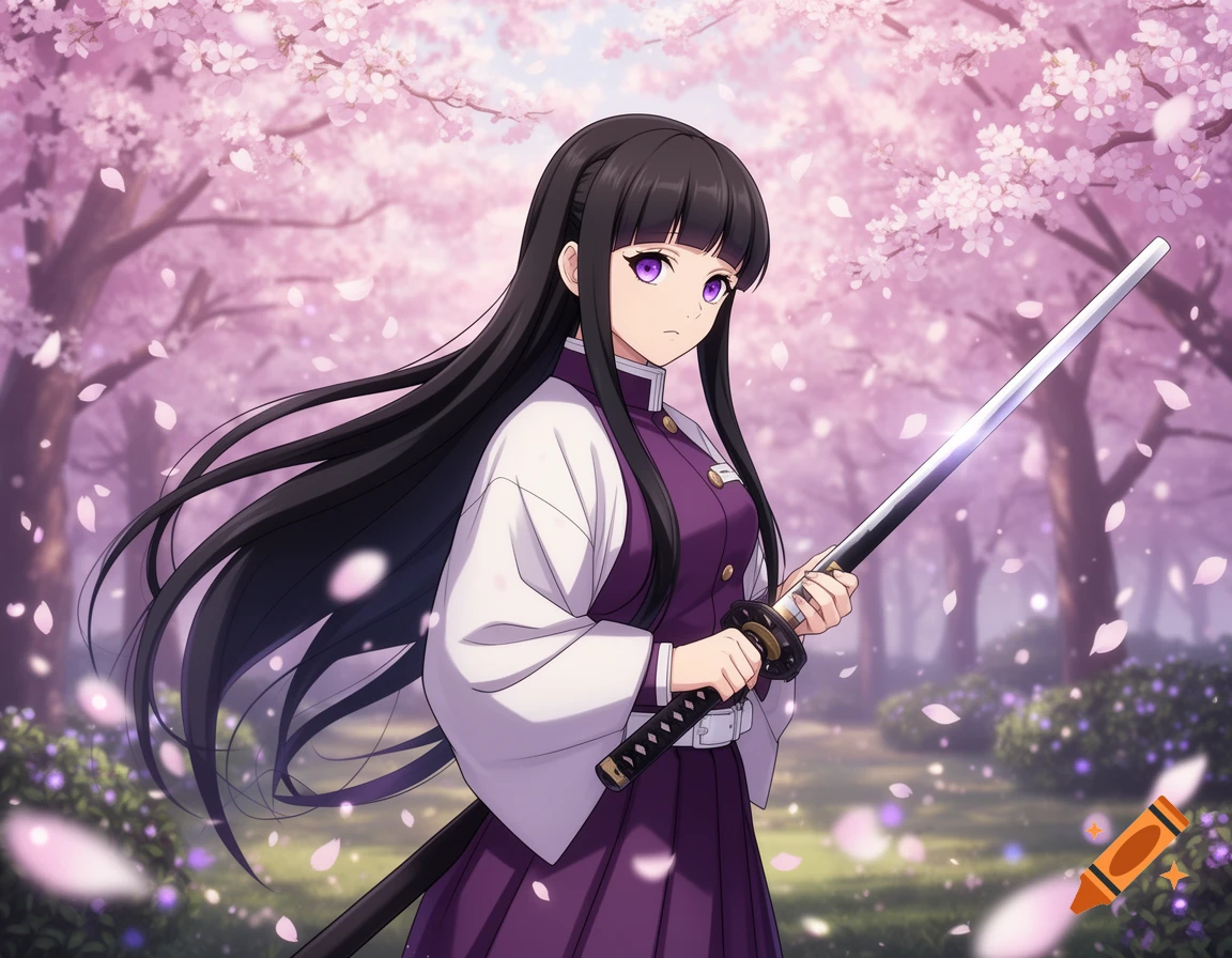 An anime girl with long black hair and purple eyes, wearing a purple and white uniform, holds a sword amidst falling cherry blossoms in a lush garden.