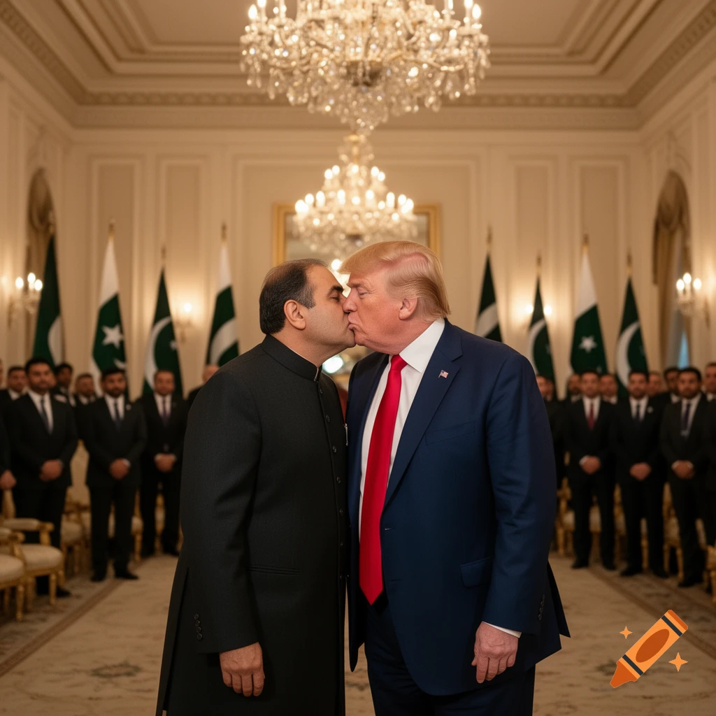 Donald Trump, in a blue suit and red tie, kisses a man in a black sherwani jacket in a grand hall with Pakistani flags and onlookers, in a photorealistic style.