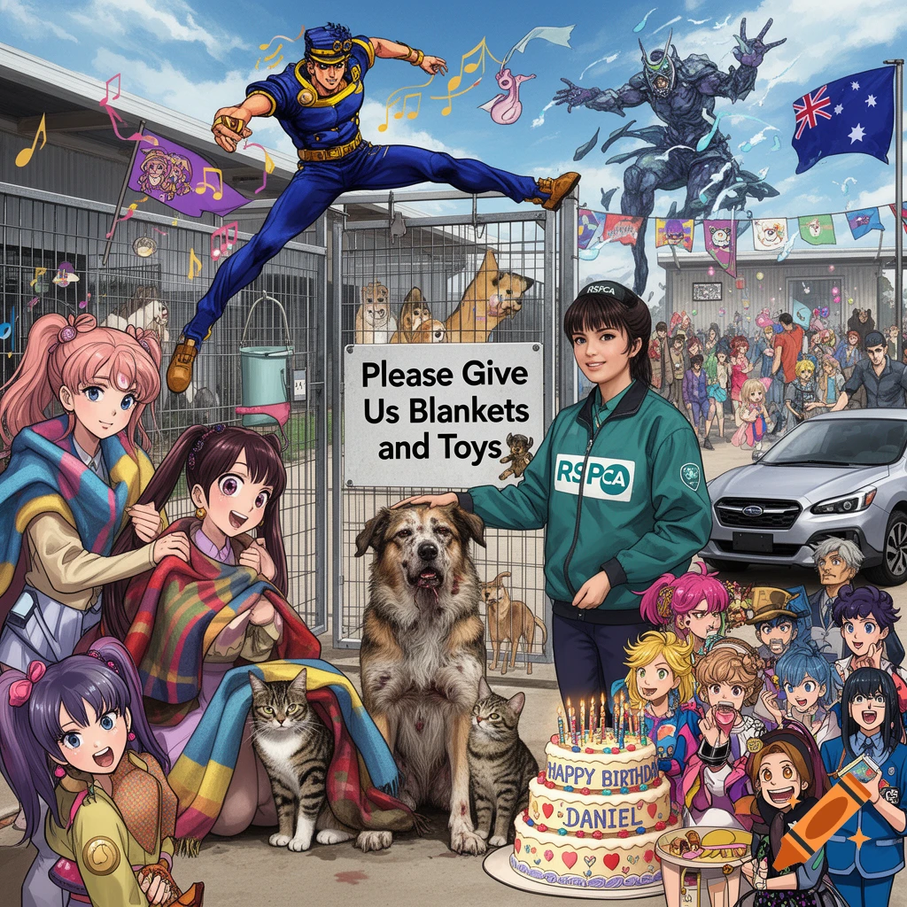 Anime characters, people, dogs, and cats gather at an RSPCA animal shelter. A sign reads "Please Give Us Blankets and Toys" and a cake says "Happy Birthday Daniel".