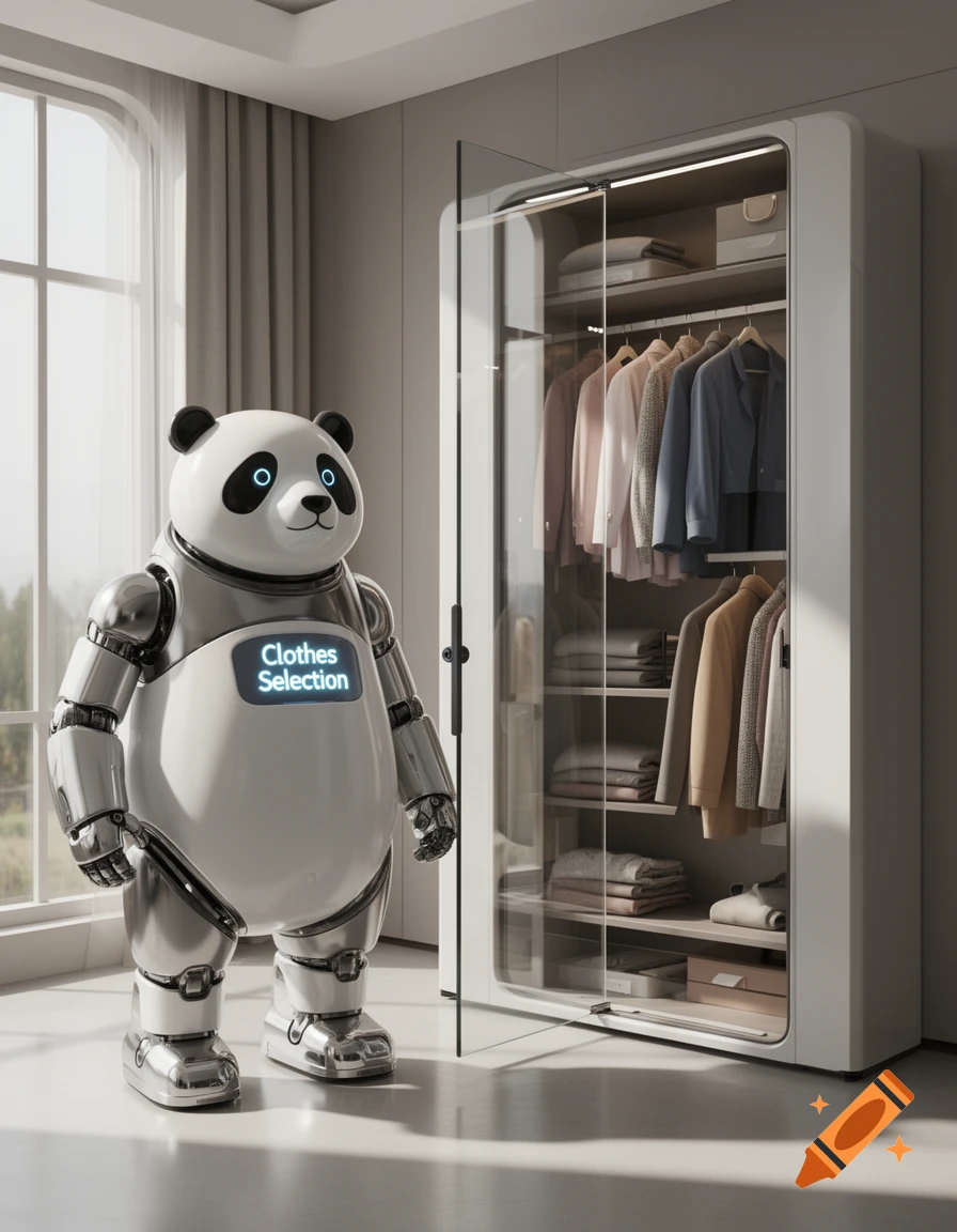 A photorealistic image of a sleek chrome and white panda robot standing in a modern room beside a transparent wardrobe filled with clothes. A blue screen on its chest reads "Clothes Selection".