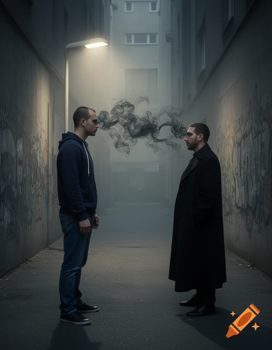 Two men face each other in a dark, misty urban alley, with dark smoke billowing between their heads in a photorealistic style.
