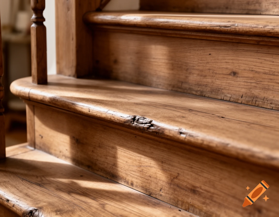 A close-up, side view of two rustic wooden stair steps with visible grain and natural imperfections in photorealistic style.