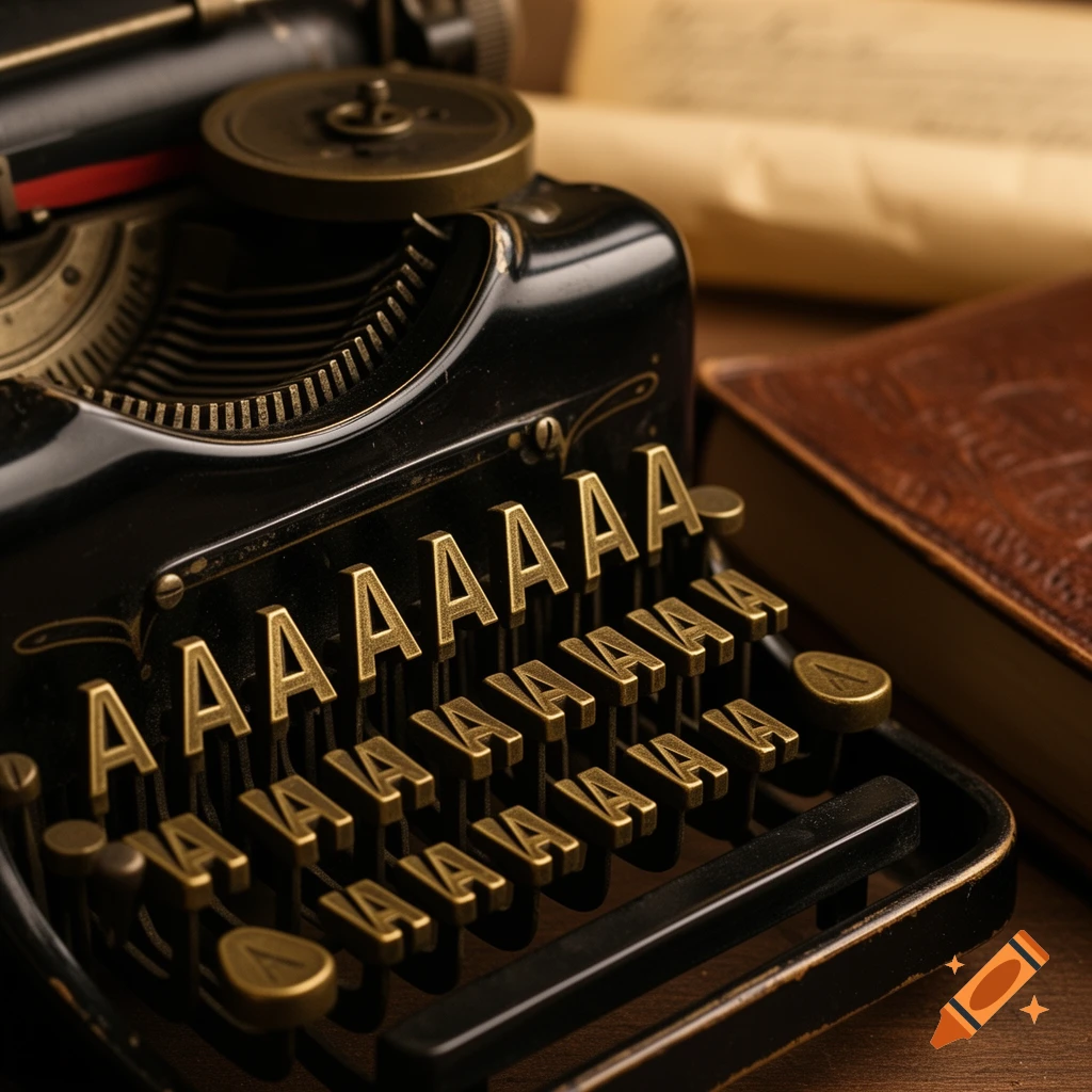 Close-up of a vintage black typewriter with gold 'A' keys, a leather-bound book, and parchment in the blurred background, photorealistic style.