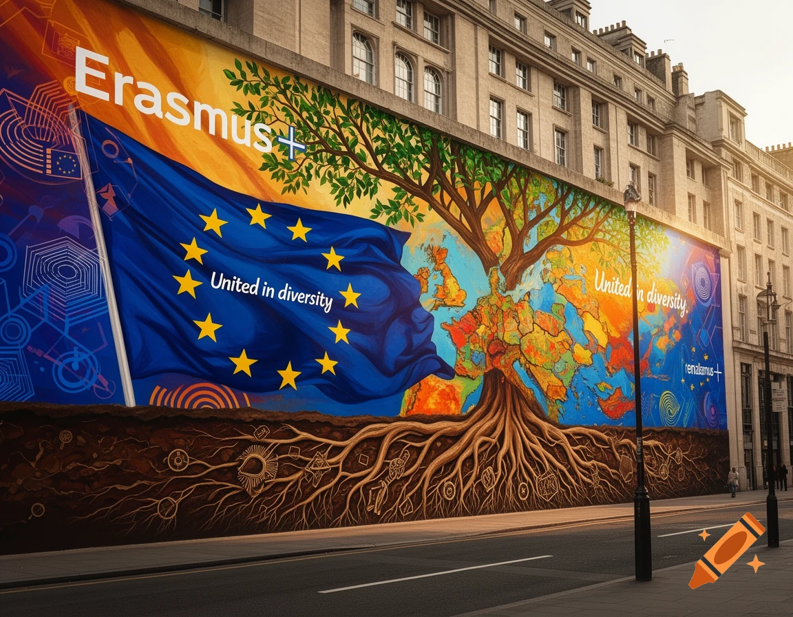A colorful mural on a building depicts the EU flag, an intertwined tree and map of Europe, and the text "Erasmus+" and "United in diversity".