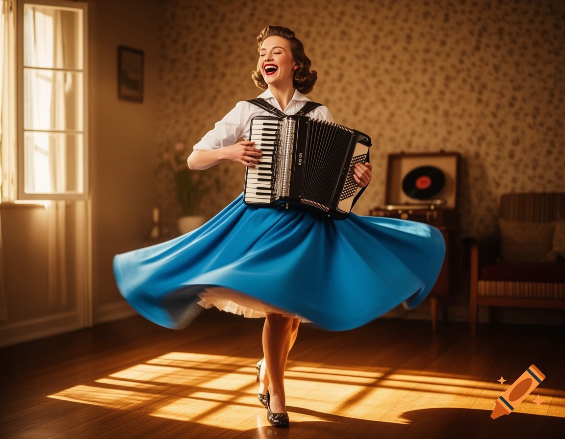 A joyful 1950s lady in a blue skirt plays an accordion while dancing in a sunlit room.