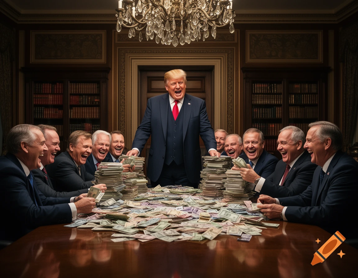 Donald Trump and several men in suits laugh loudly around a table covered in stacks of money in a lavish room, photorealistic.