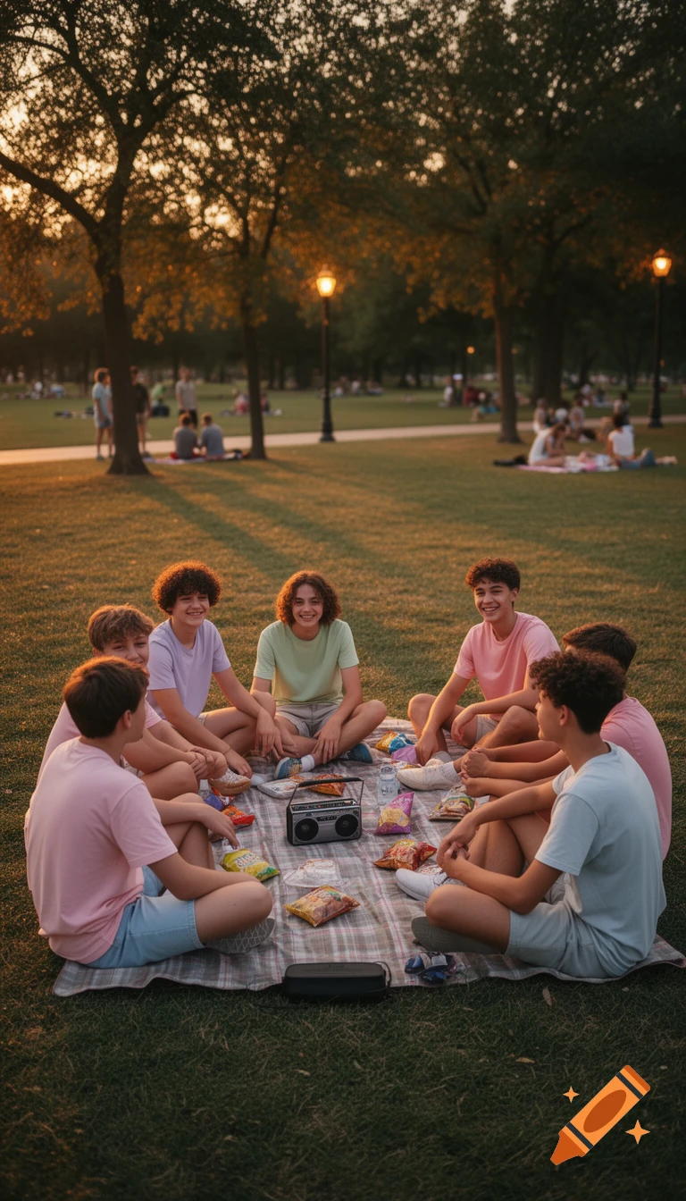 A group of young friends sit on a picnic blanket in a park during sunset, sharing snacks and a boombox.