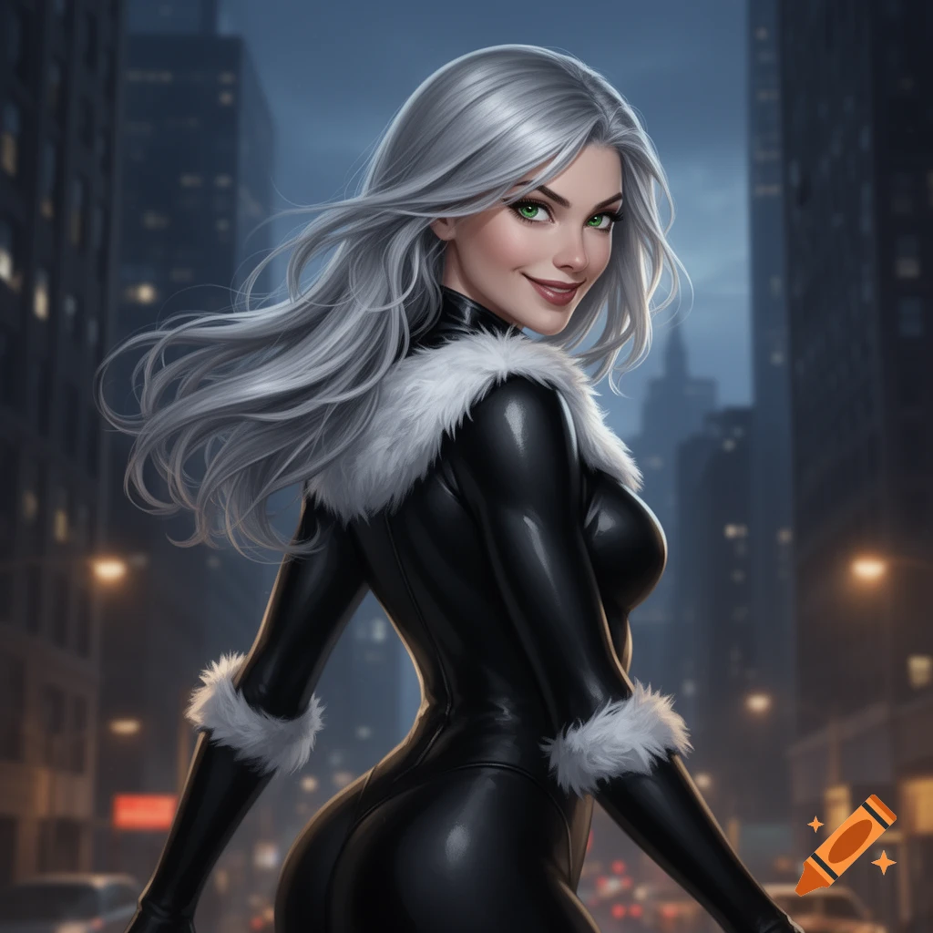 Black Cat from Spider-Man, with silver hair and green eyes, smirking in a black fur-trimmed suit on a city street at night.