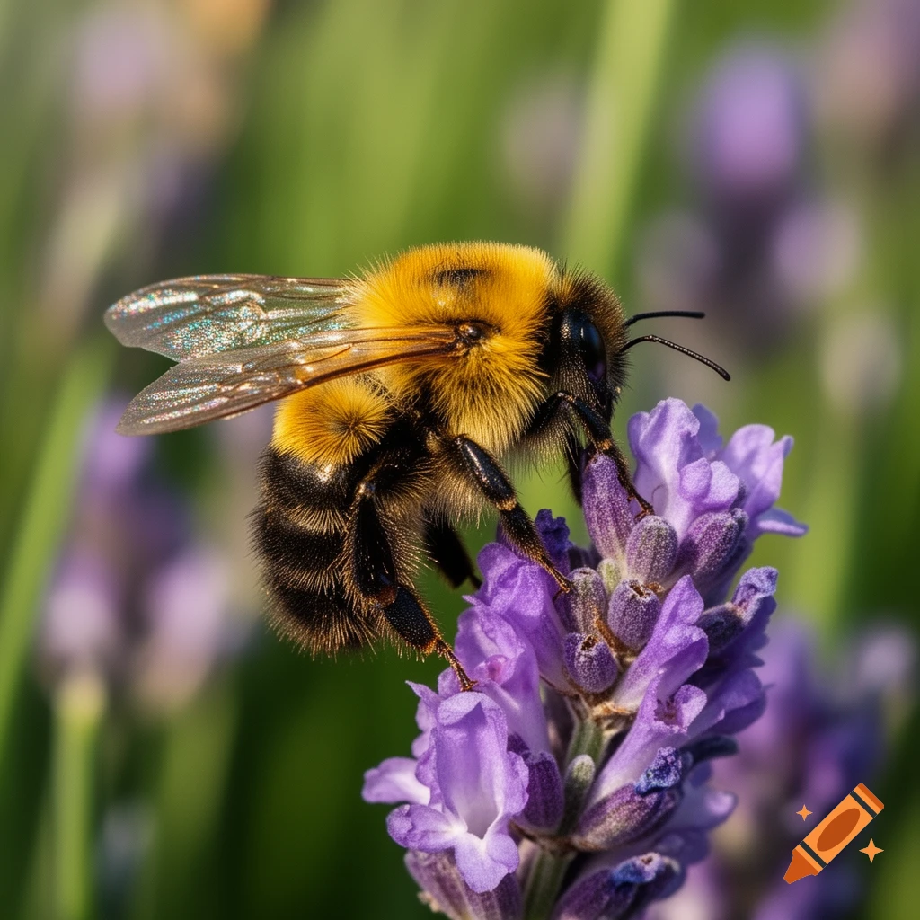 A fuzzy bumblebee with yellow and black stripes collects nectar from a vibrant purple lavender flower, against a soft green background. Photorealistic style.