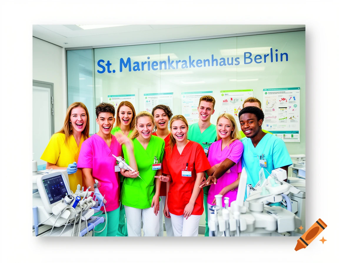 A diverse group of smiling young medical professionals in colorful scrubs poses in a modern hospital setting, with 'St. Marienkrankenhaus Berlin' visible on the glass.