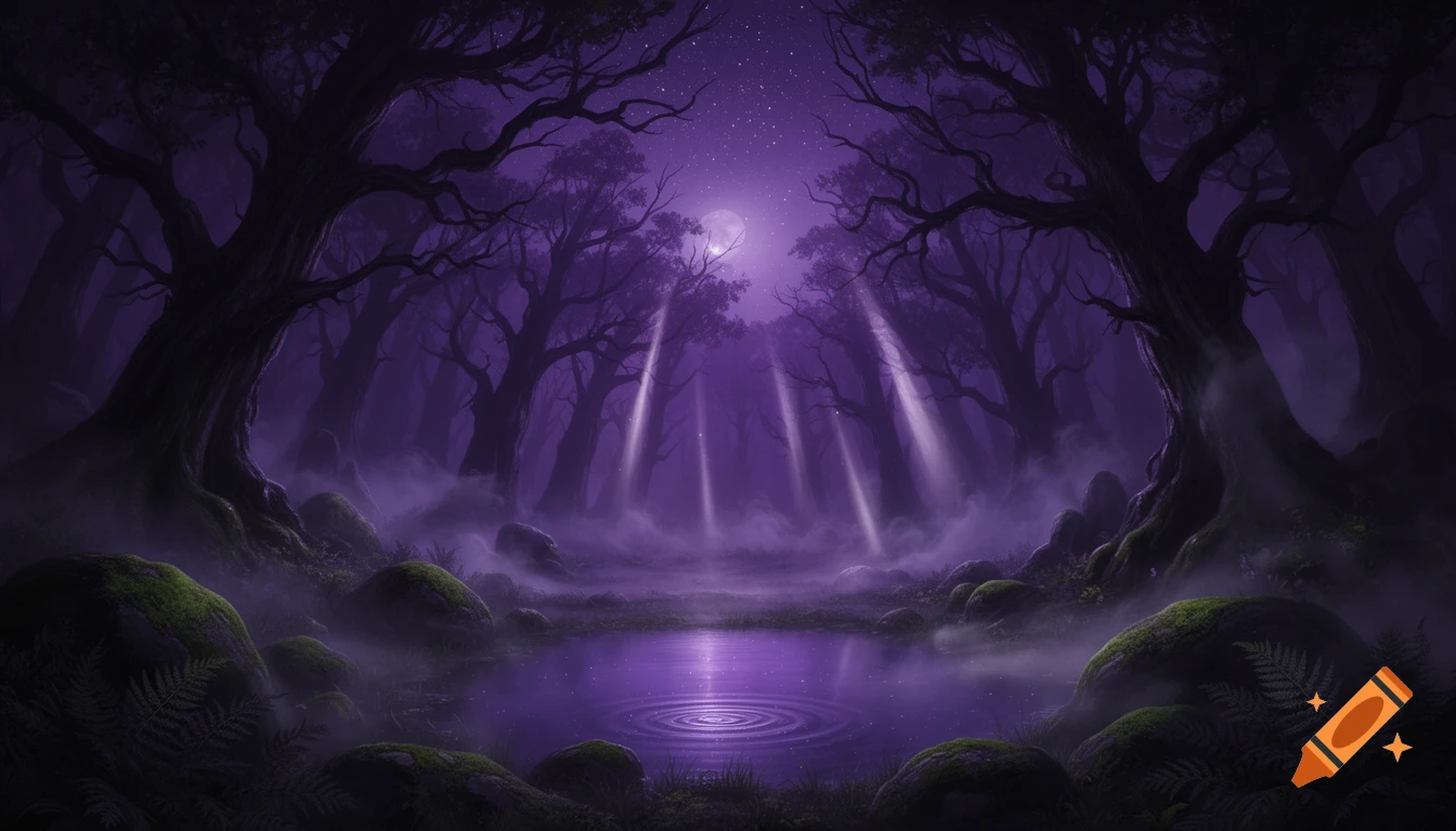 A mystical forest at night, bathed in purple light, with a full moon and beams shining onto a serene pond.