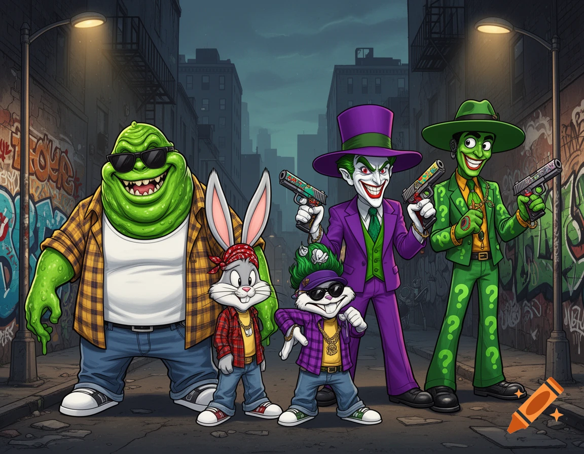 Cartoon Slimer, Bugs Bunny, Joker, and Riddler in cholo outfits holding guns in a graffiti-covered alley at night.