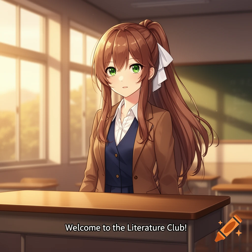 Anime girl Monika with brown hair and green eyes stands behind a desk in a sunlit classroom. Text: 'Welcome to the Literature Club!'