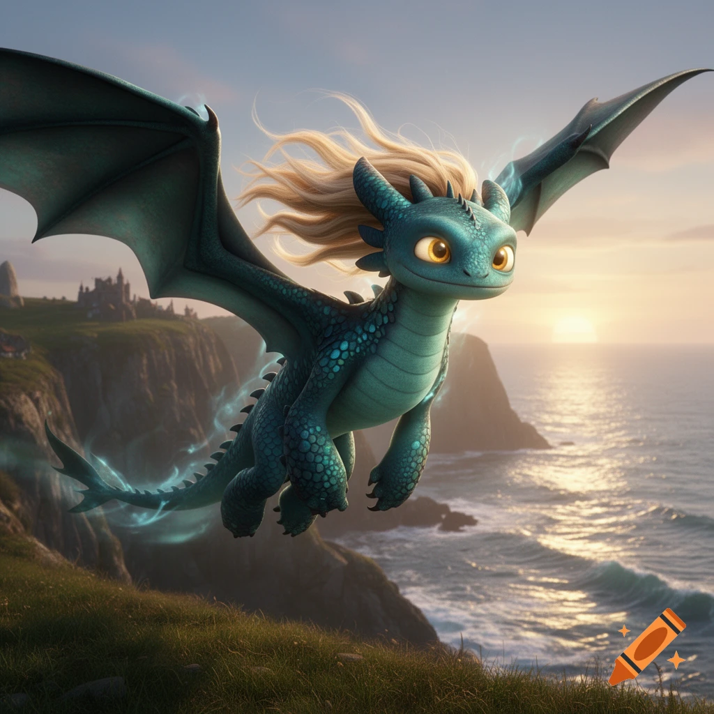 A cute teal dragon with blonde hair flies over a grassy cliff overlooking a vast ocean at sunset, in a cartoon style.