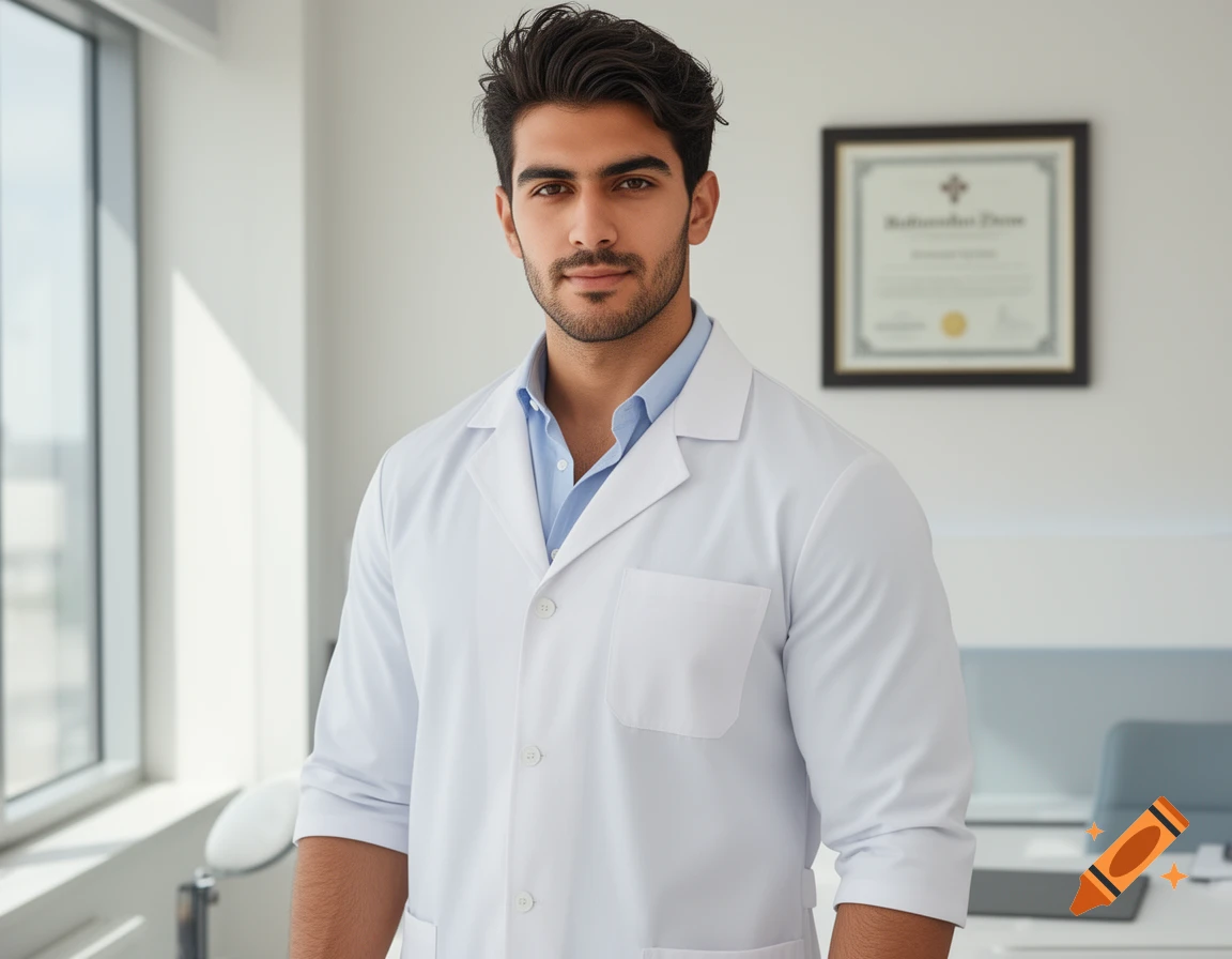 A handsome young man in a white lab coat stands in a brightly lit doctor's office, looking at the camera. A window is on the left, and a framed certificate hangs on the wall.