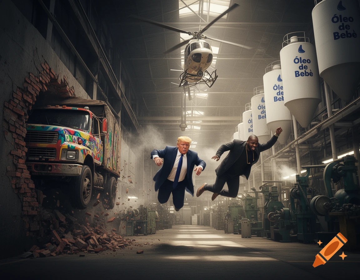 Photorealistic Donald Trump and P. Diddy flying in a chaotic factory with a truck crashing through a wall.