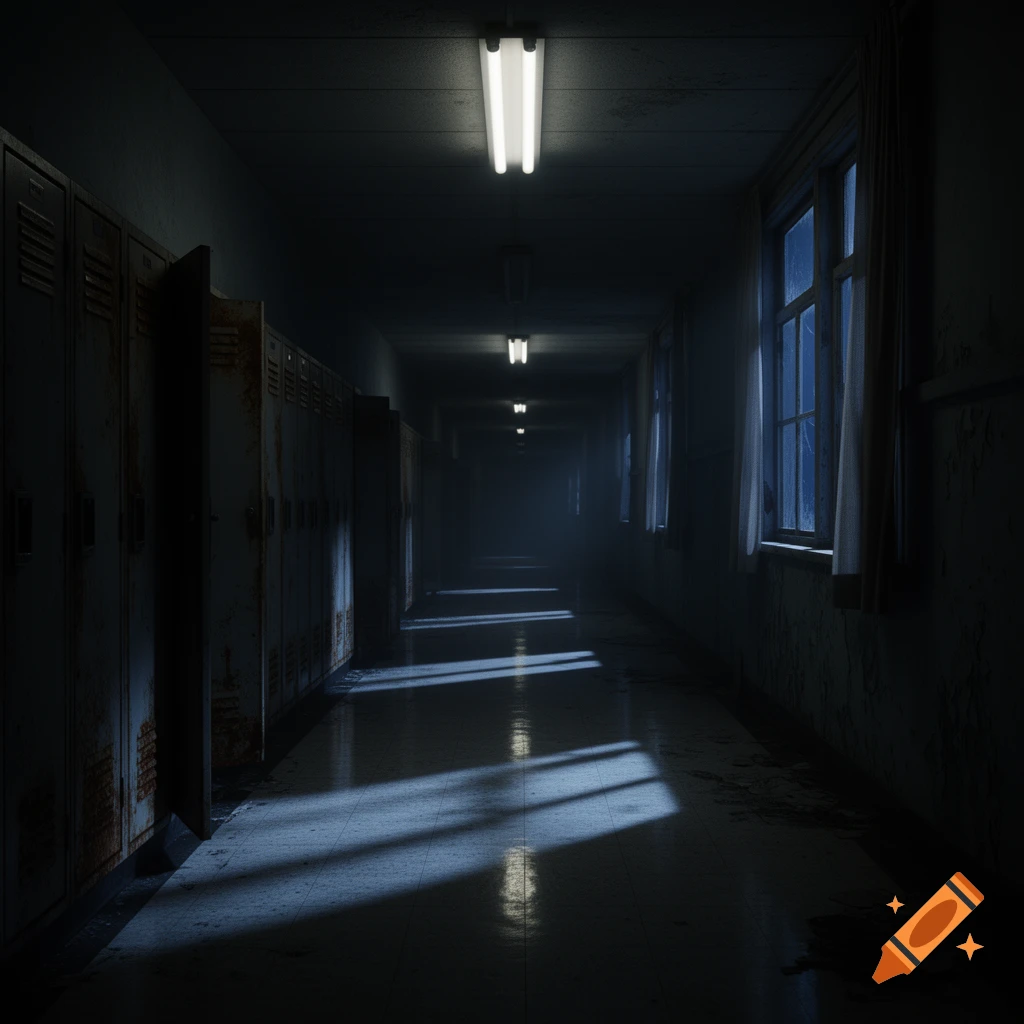 A dark, empty school hallway with rusty lockers and windows. Fluorescent lights cast long, dramatic shadows, creating a horror atmosphere.