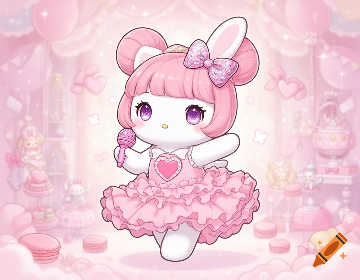 A cute, pink-haired bunny-like character in a frilly pink dress, holding a tiny pink microphone in a pastel pink room filled with sweets and balloons in a Kawaii style.